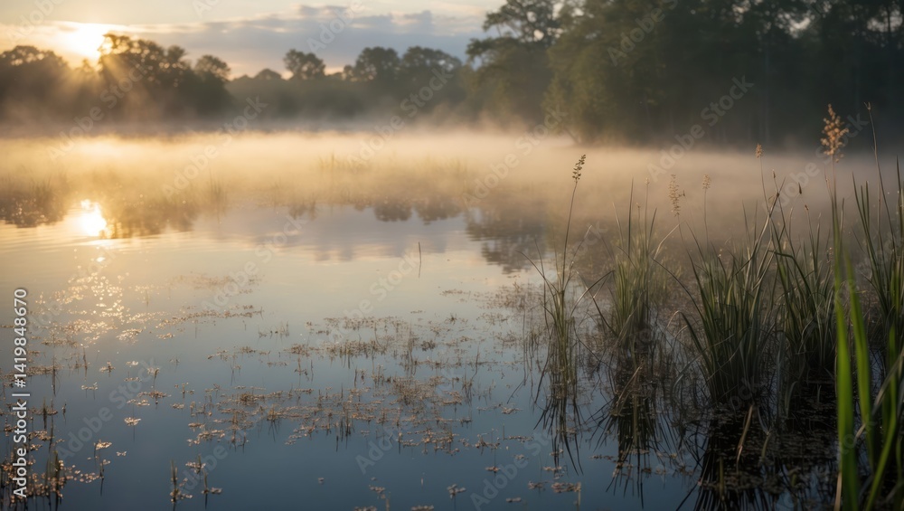 Fototapeta premium Foggy Pond at Sunrise with Reflections and Grassy Shoreline View