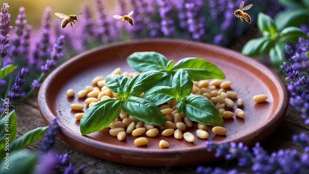 Pine Nuts and Basil on Plate with Flying Bees in Lavender Field Pine Nuts and Basil on Plate with Flying Bees in Lavender Field