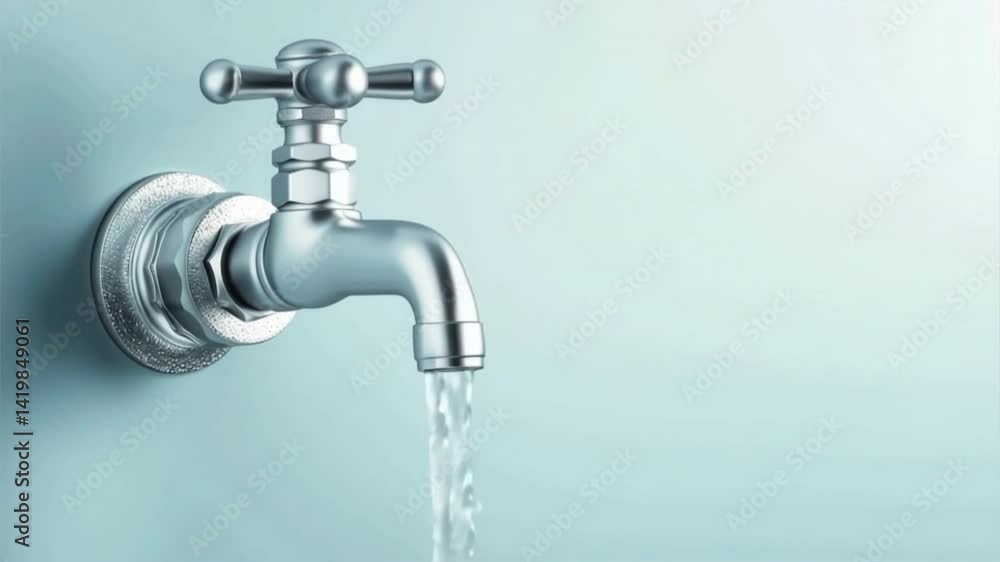 Close-up of a shiny metal water faucet with flowing water against a light background. Close-up of a shiny metal water faucet with flowing water against a light background.