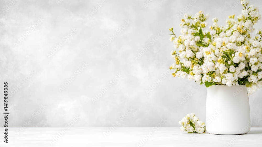 Fototapeta premium A white vase filled with delicate white flowers on a minimalist white surface, soft blurred background, and elegant and serene composition.