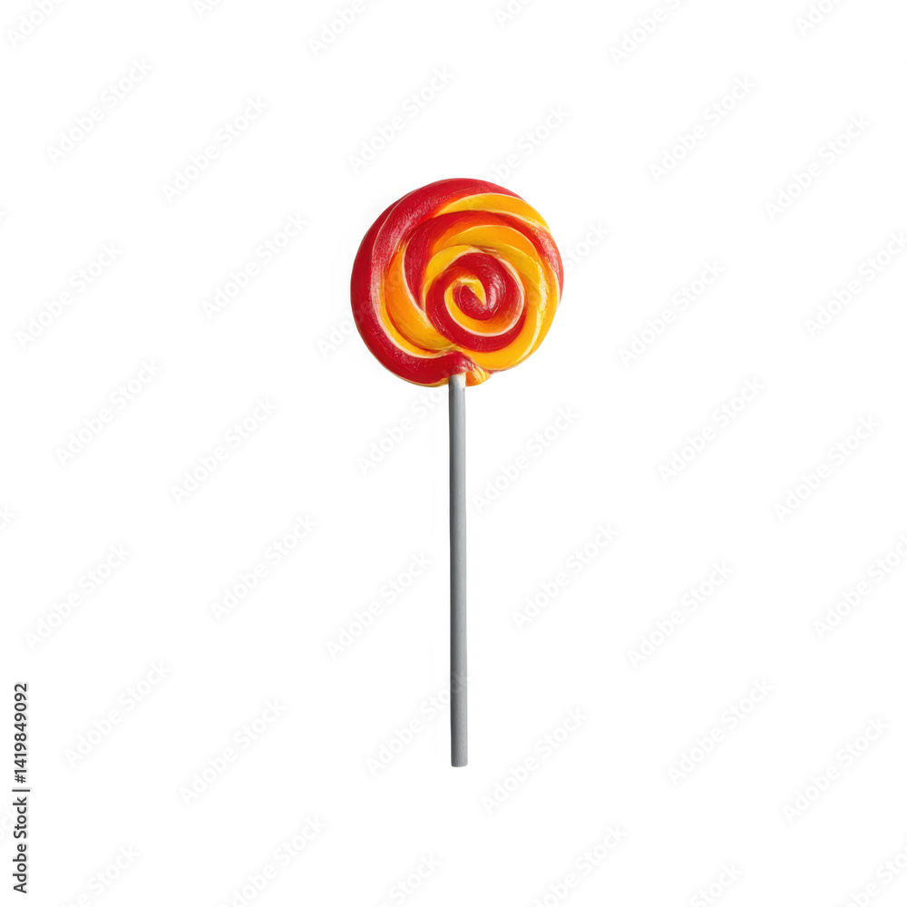 Closeup of a swirled lollipop with red and yellow colors on a gray stick Closeup of a swirled lollipop with red and yellow colors on a gray stick