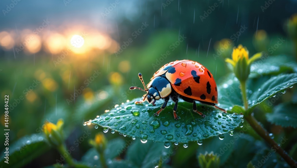 Fototapeta premium Ladybug Resting on Leaf in Gentle Rain with Sunset Background