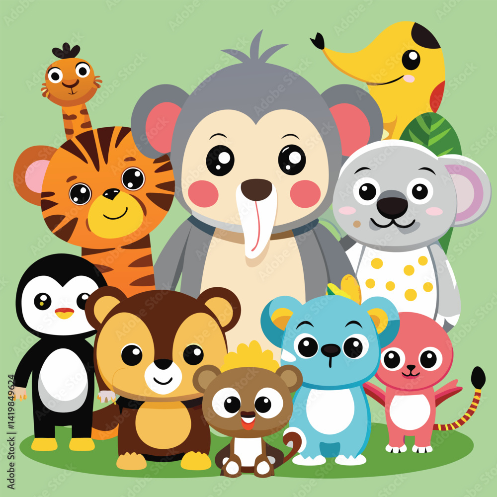 A collection of cute cartoon animal families, including koalas, giraffes, monkeys, penguins, elephants, and whales. A collection of cute cartoon animal families, including koalas, giraffes, monkeys, penguins, elephants, and whales.