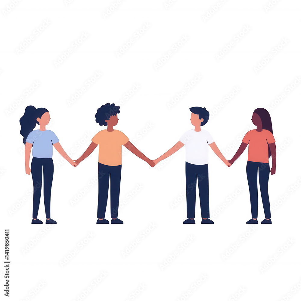 Fototapeta premium Illustration of four diverse individuals holding hands in solidarity, showing unity and friendship. Bright colors bring a cheerful vibe to this digital artwork.
