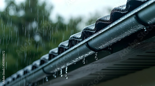 Close Up Rain Drops On Grey Gutter