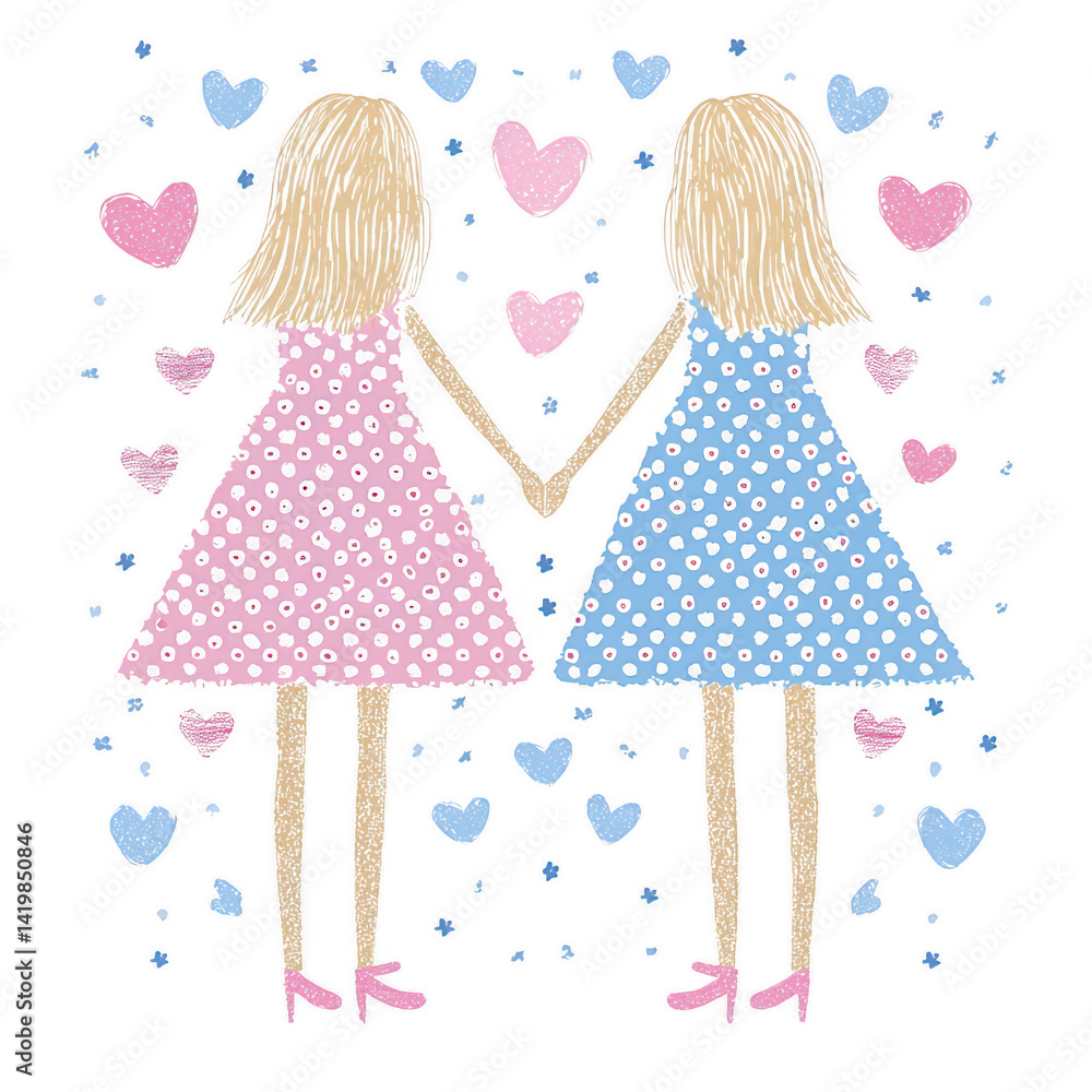 Illustration of two girls holding hands, surrounded by colorful hearts, embodying love and friendship. Illustration of two girls holding hands, surrounded by colorful hearts, embodying love and friendship.