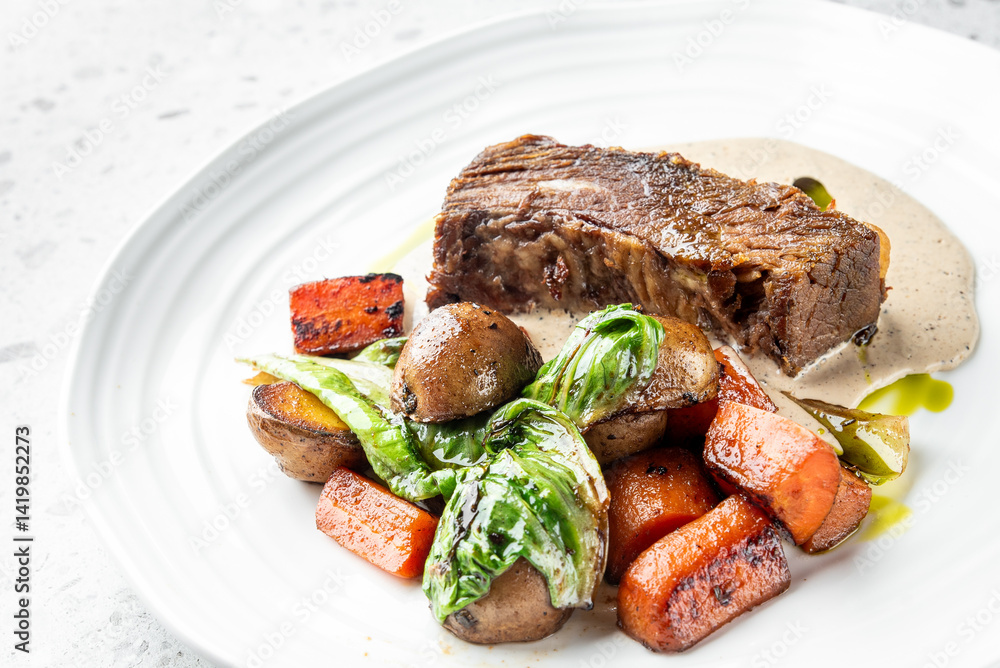 A succulent piece of meat served with a creamy sauce, accompanied by roasted carrots, potatoes, and fresh greens. The elegant plating highlights the gourmet quality of the dish. A succulent piece of meat served with a creamy sauce, accompanied by roasted carrots, potatoes, and fresh greens. The elegant plating highlights the gourmet quality of the dish.