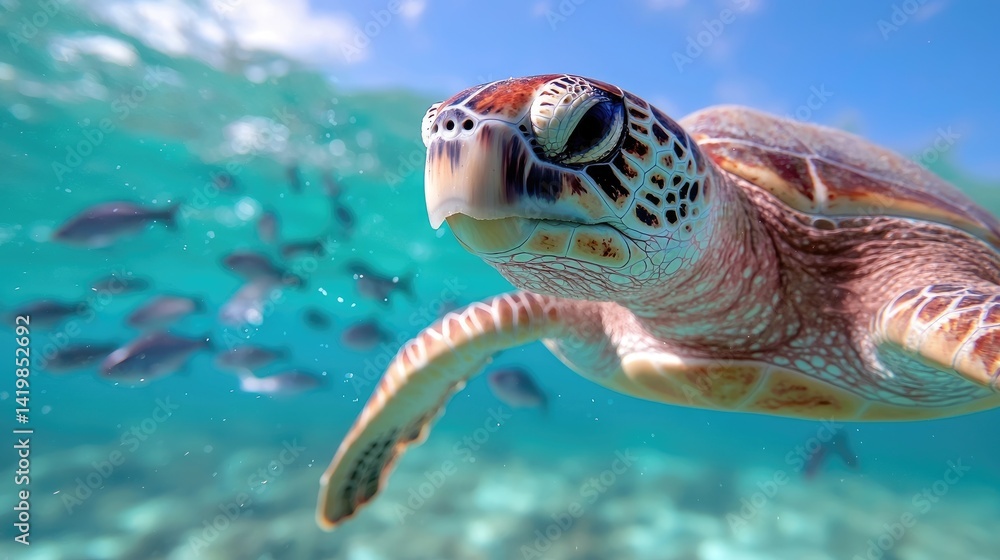 Fototapeta premium Sea turtle swimming in clear, shallow water, surrounded by fish