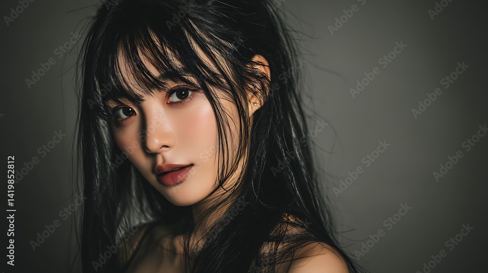 Fototapeta premium Close-up portrait of a young woman with dark hair and soft features