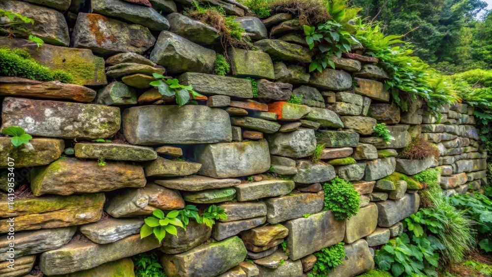Ancient Stone Wall Covered in Lush Greenery, a Textured Tapestry of Nature and Time Ancient Stone Wall Covered in Lush Greenery, a Textured Tapestry of Nature and Time