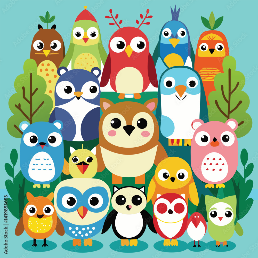 A colorful collection of cartoon woodland creatures and a penguin are arranged in two rows. A colorful collection of cartoon woodland creatures and a penguin are arranged in two rows.