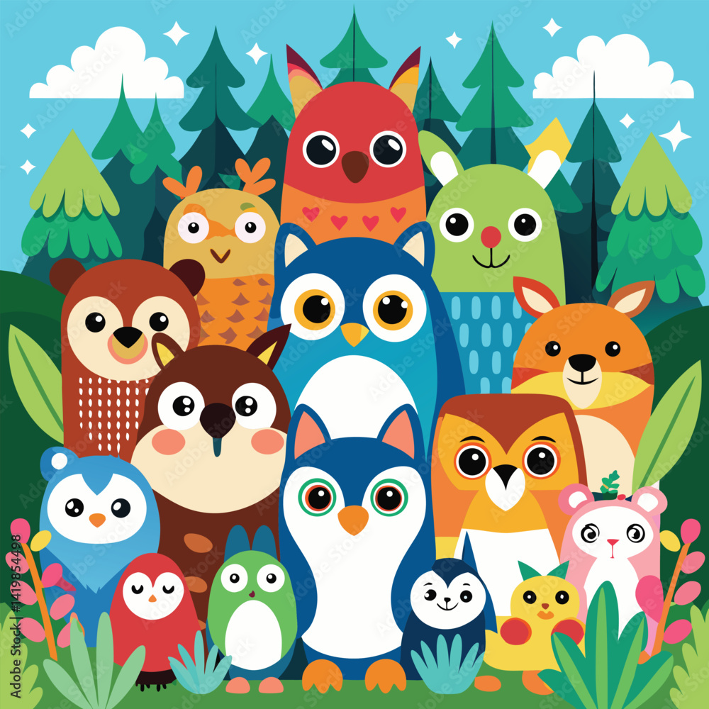 A colorful collection of cartoon woodland creatures and a penguin are arranged in two rows. A colorful collection of cartoon woodland creatures and a penguin are arranged in two rows.