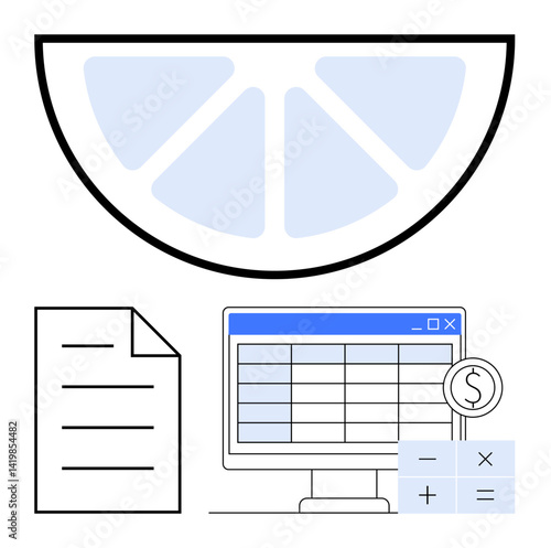 Lemon slice above document, spreadsheet screen with magnifying glass, calculator. Ideal for financial planning, budgeting, accounting, analysis, business management, economic strategy flat simple