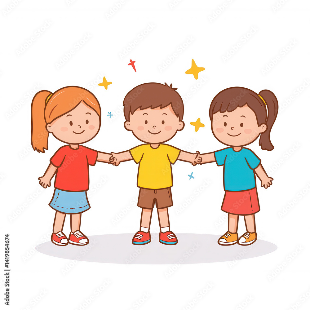 Three cheerful children standing together with smiles, celebrating friendship and joy. Vibrant colors and playful expressions create a lively atmosphere. Three cheerful children standing together with smiles, celebrating friendship and joy. Vibrant colors and playful expressions create a lively atmosphere.
