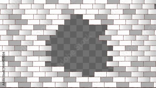 Broken architecture wall building construction with transparent background. Brickwall white and gray texture background
