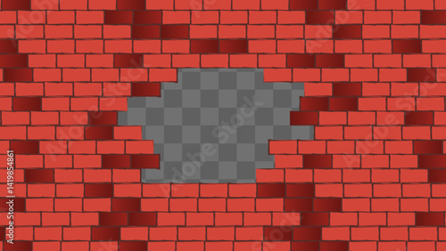 Broken architecture wall building construction with transparent background. Brickwall red texture background. Vintage style design 