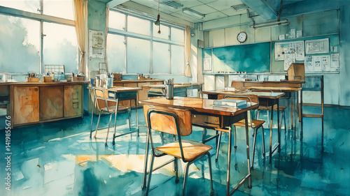 日常の記憶を呼び起こす、日本の学校教室の静寂と光が交差する水彩調の温かい風景イラスト