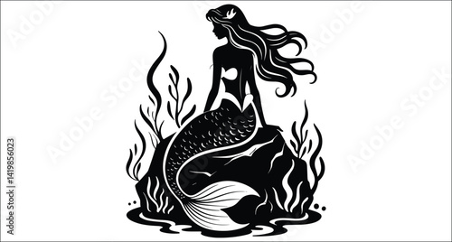 Silhouette Of Elegant Mermaid Sitting On A Rock Underwater Algae