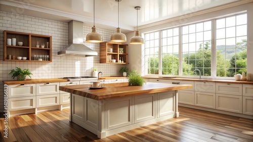 Bright, airy kitchen with hardwood floors, wood island, and white cabinetry featuring natural light streaming through large windows
