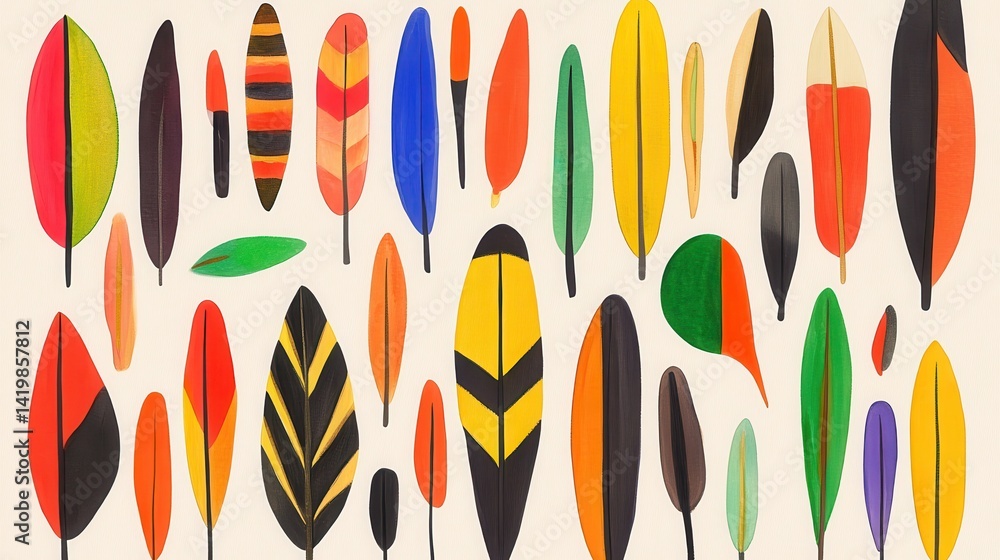 Colorful Feather Flock Bold avian plumes arranged in graphic art Colorful Feather Flock Bold avian plumes arranged in graphic art