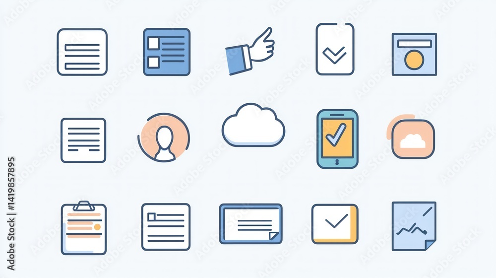 A creative collection of minimalist business icons showing a handshake, phone, cloud, and clipboard for communication and management A creative collection of minimalist business icons showing a handshake, phone, cloud, and clipboard for communication and management