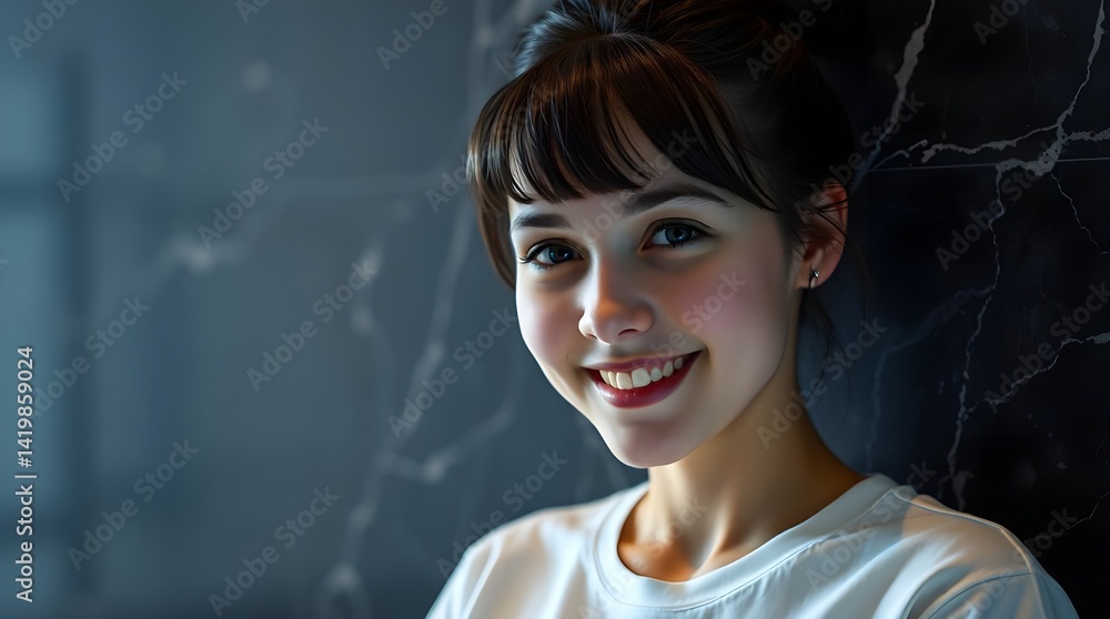 Smiling Female with Bangs and Updo Against a Textured Dark Background - Expressing Joy and Approachability Smiling Female with Bangs and Updo Against a Textured Dark Background - Expressing Joy and Approachability