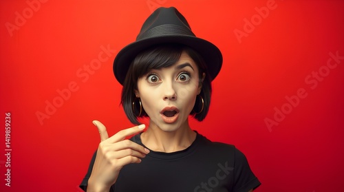 Astonished Young Woman in a Black Hat with Wide Eyes and Open Mouth Against a Red Backdrop - Expressing Surprise