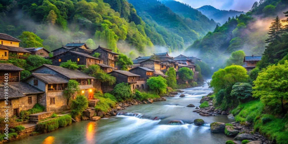 Fototapeta premium Serene Village nestled in Misty Mountain Valley beside a Flowing River at Dawn