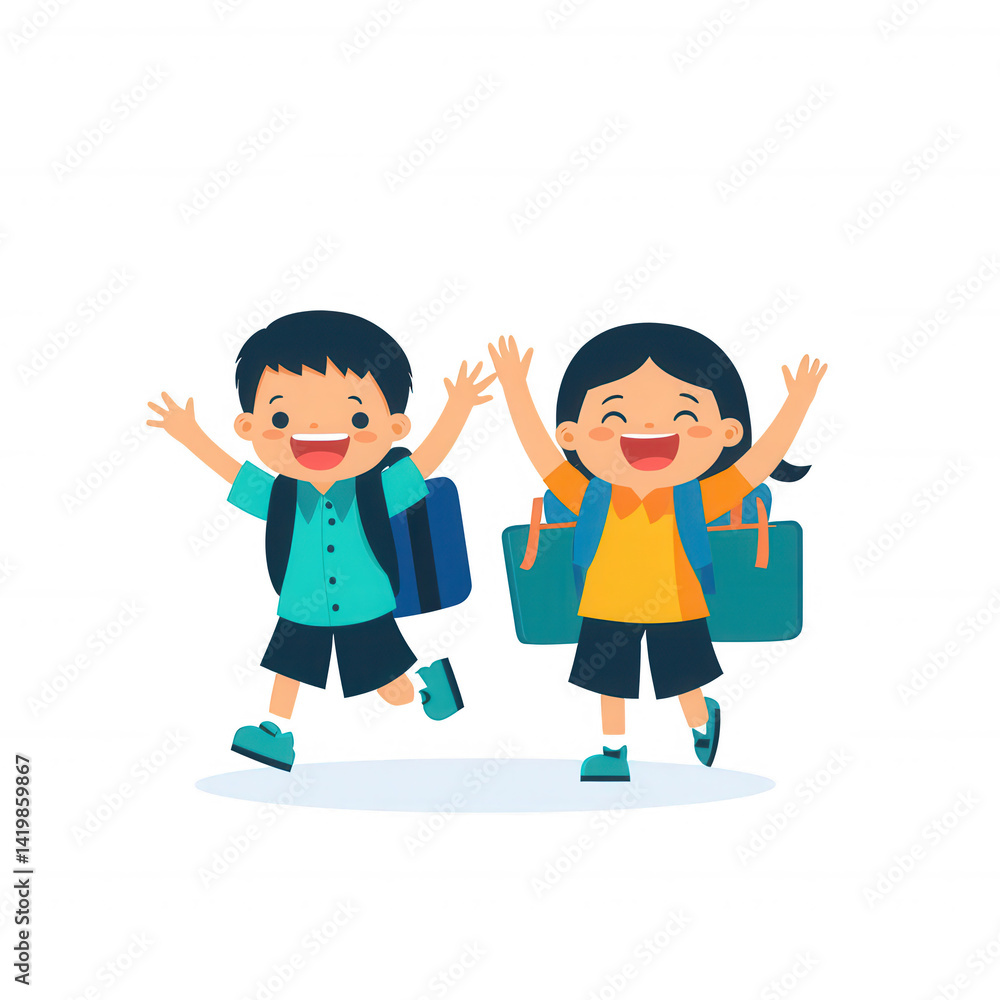 Two cheerful children with backpacks, celebrating joyfully on a white isolated background. Perfect for depicting happiness, friendship, and school spirit. Two cheerful children with backpacks, celebrating joyfully on a white isolated background. Perfect for depicting happiness, friendship, and school spirit.