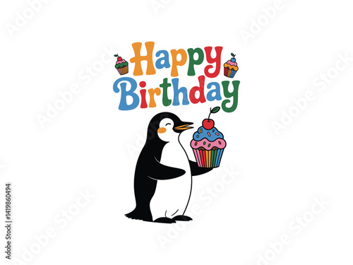 Happy Birthday Penguin with Cherry Cupcake vector