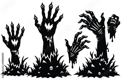 Zombie hands silhouette. Creepy zombie crooked lambs stick out of graveyard ground illustration set. Halloween zombie hands. Halloween and nightmare, creepy and evil zombie.
