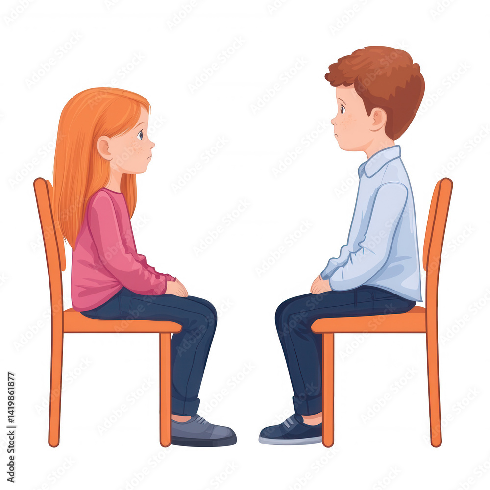 Two children sitting on chairs facing each other, engaged in conversation, with a neutral background highlighting their expressions and body language. Two children sitting on chairs facing each other, engaged in conversation, with a neutral background highlighting their expressions and body language.