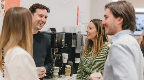 A group of colleagues gather around a coffee machine, engaging in a cheerful conversation, fostering a sense of teamwork and camaraderie.