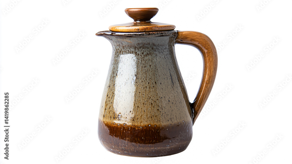 A ceramic coffee pot with a wooden handle and brown glaze, on a white background, high-resolution photography, insanely detailed, isolated plain, stock photo, A ceramic coffee pot with a wooden handle and brown glaze, on a white background, high-resolution photography, insanely detailed, isolated plain, stock photo,