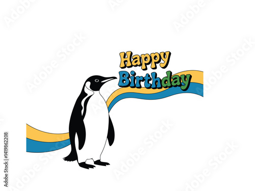 Happy Birthday Penguin with Retro Banner - Celebration Vector