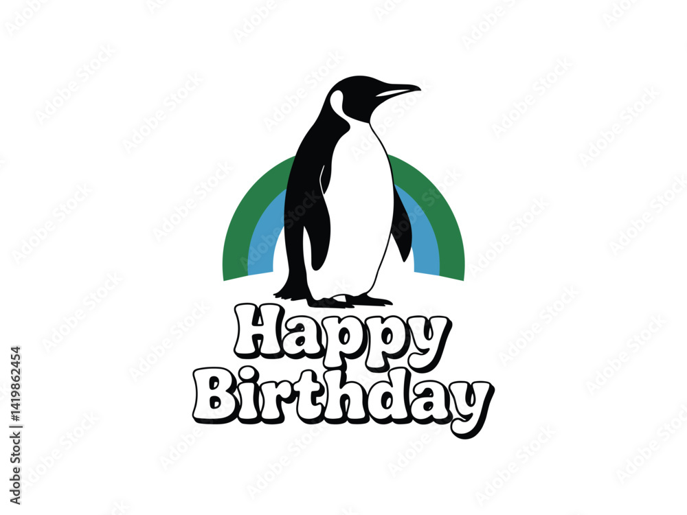 Obraz premium Happy Birthday Penguin with Rainbow Arc - Celebration Vector