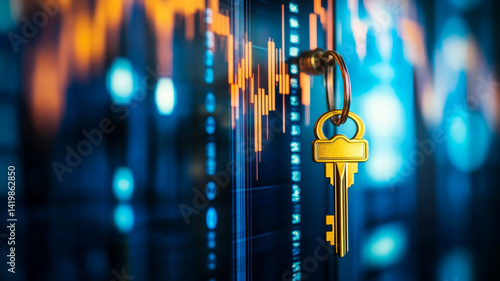 A golden key hanging on the edge of an open door, with blurred stock market charts in the background. The concept symbolizes access to new stock trading opportunities .