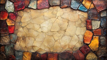 Vibrant colorful stone border surrounding a blank, cracked parchment paper in center, rustic textured natural rock frame for artistic, creative, or decorative background