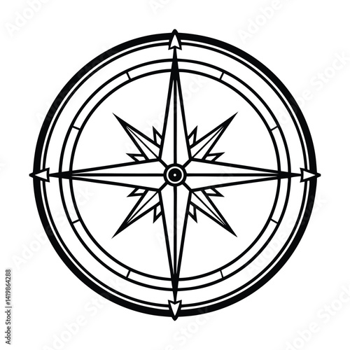 Simple Black And White Compass Rose Design Nautical Navigation Symbol Vector