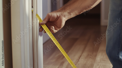 Carpenter measuring wood for door frame. Featuring accuracy and focus
