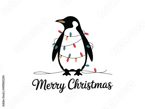 Merry Christmas Penguin with Lights Vector