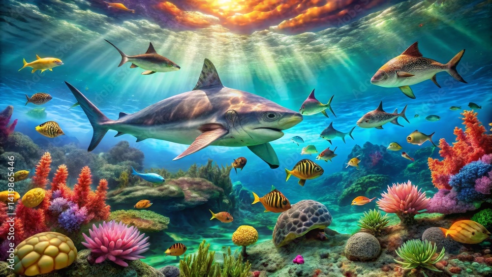 Fototapeta premium A Majestic Shark and Vibrant Coral Reef Ecosystem Underwater Scene Depicting Diverse Marine Life Swimming Amongst Colorful Corals and Rocks in a Sunlit Ocean
