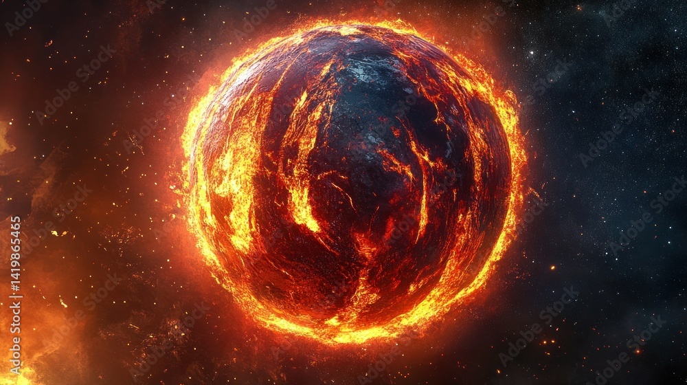 A fiery celestial orb surrounded by interstellar space and particles A fiery celestial orb surrounded by interstellar space and particles