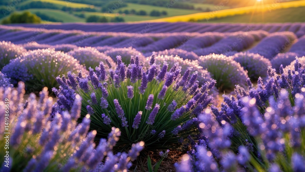 Fototapeta premium Blooming Lavender Field Rows at Sunset with Golden Light Haze
