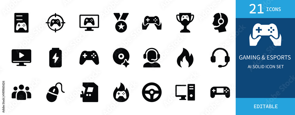Fototapeta premium A modern and clean solid black icon set for gaming and esports. Includes console, controllers, headset, trophy, stream, arcade, and team icons. Perfect for UI and presentations