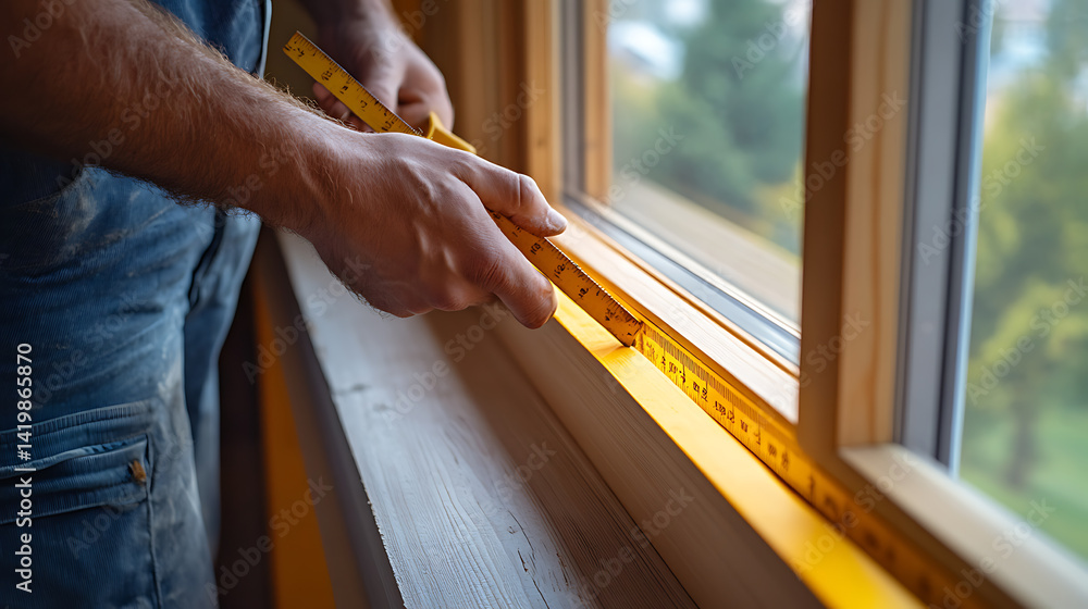 Obraz premium Carpenter measuring wood for window frame. Featuring precision and craftsmanship