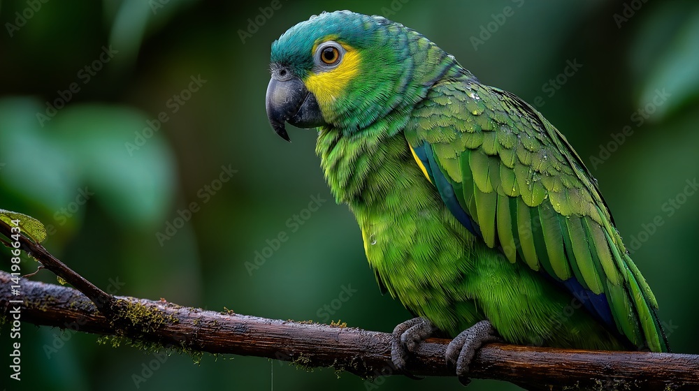 Obraz premium Parrot in a rainforest with dew-covered feathers