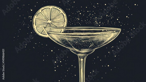 Nighttime cocktail glass with lemon slice