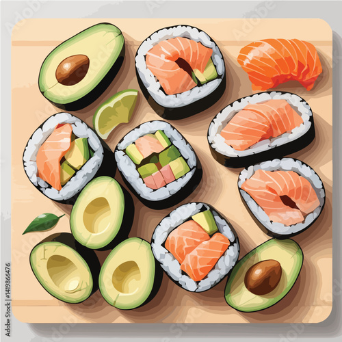 flat vector sushi roll cut open, filled with salmon, avocado and rice, neatly placed on a wooden board