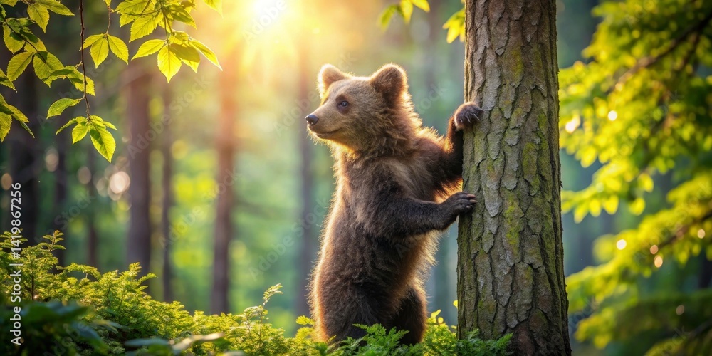 Obraz premium Golden Hour Cub A Young Bear Stands by a Tree in a Lush Forest, Bathed in Sunlight